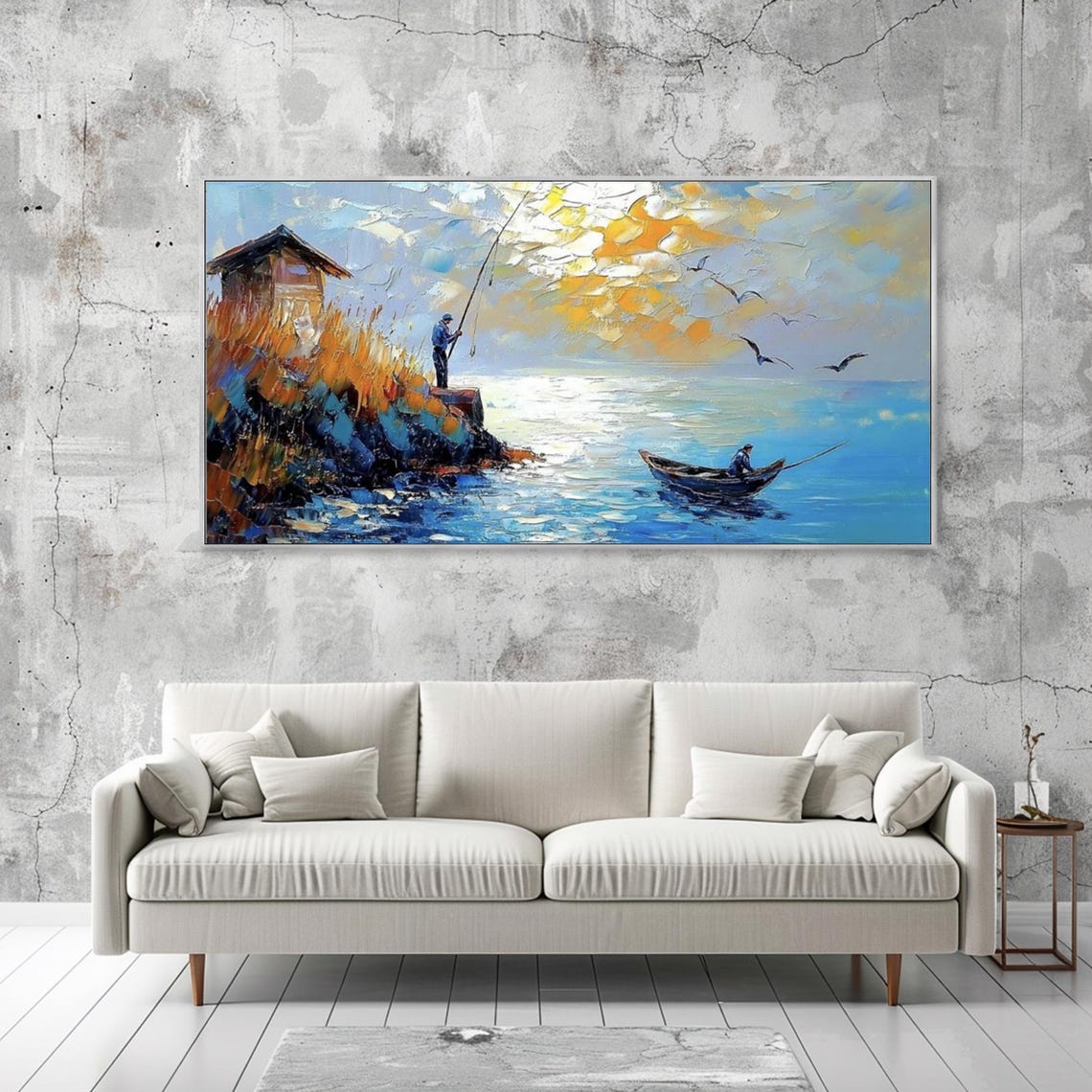 Blue Ocean Sunset Textured Wall Art Painting Fishing Enthusiasts Collectibles On Seagulls Sailboat Landscape Painting Living Room - Image 2