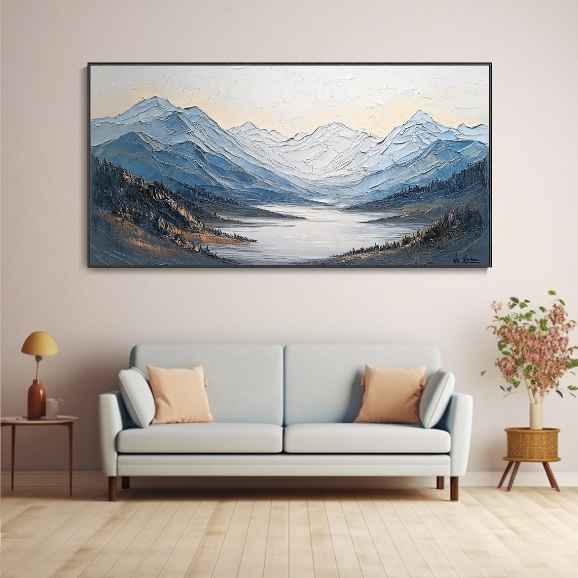 Serene Snowy Mountain Valley Lake Misty Blue Landscape Art Poster - Image 3
