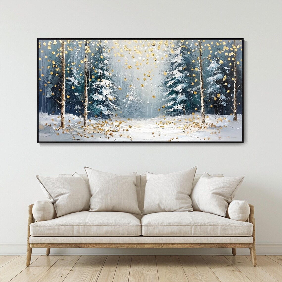 Horizontal 3d Textured Wall Art Large Long Wide Original Winter Forest Painting On Panoramic Snowy Pine Trees Wall Art Starlit Art - Image 2