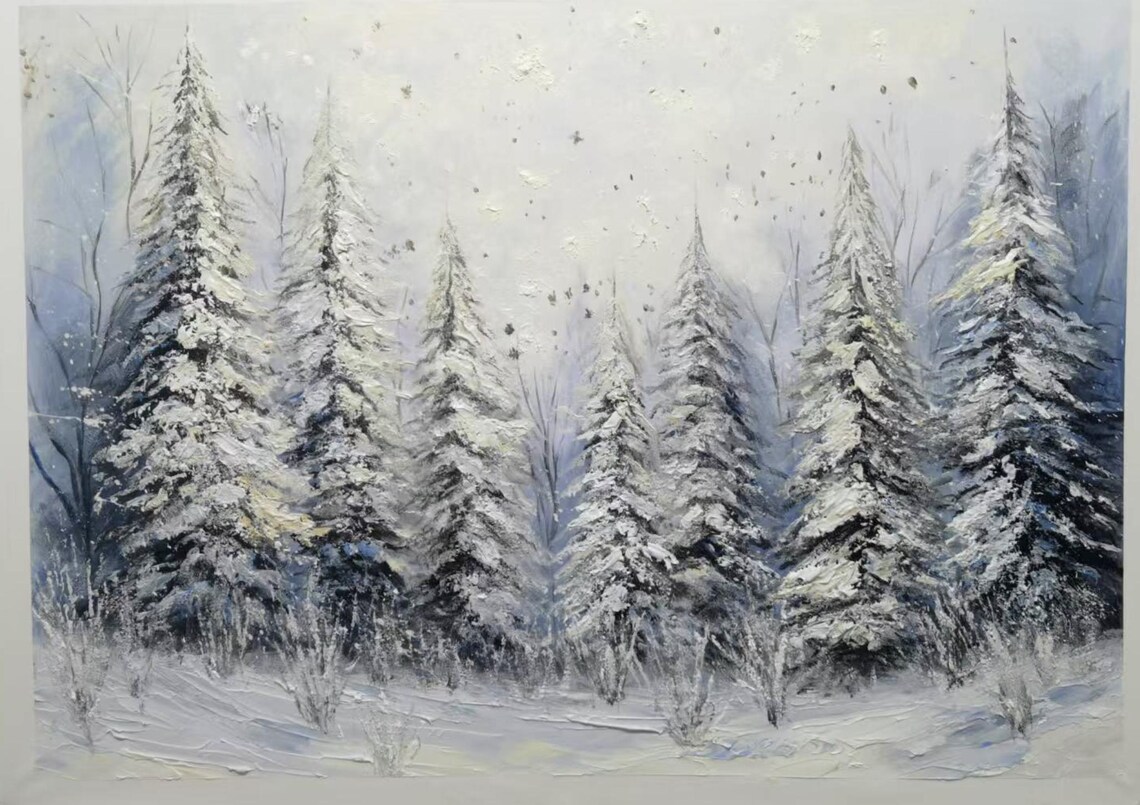 Large Long Wide Original Winter Forest Painting Horizontal 3d Textured Wall Art On Panoramic Snowy Pine Trees Wall Art Starlit Art - Image 4