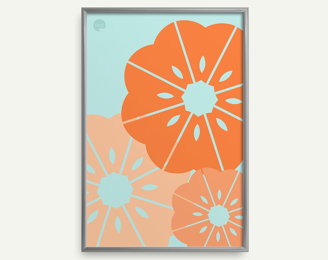 Tangerine Geometric Blooms Poster Aqua Ground Modern Floral Art