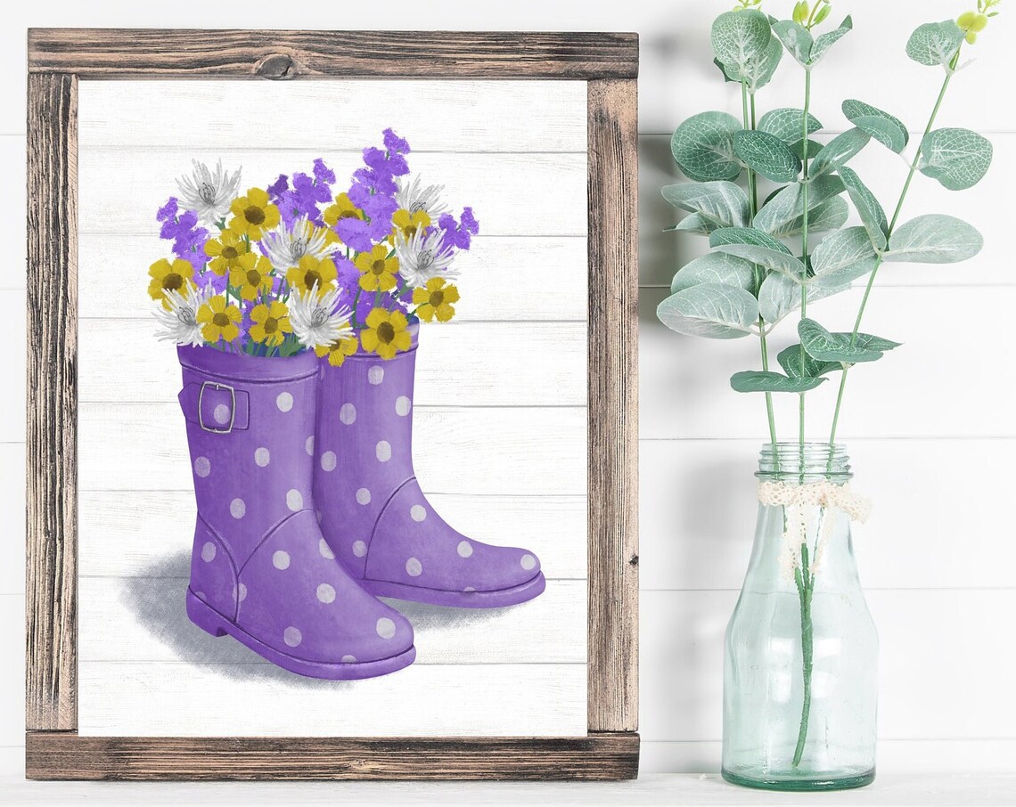 Shiplavender Rainboots With Flowers, Rustic Decor