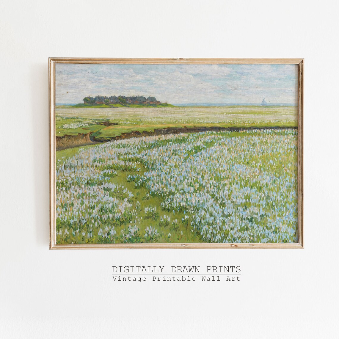 Sage Green Wildflower Field Landscape, Vintage Art Print - Image 3