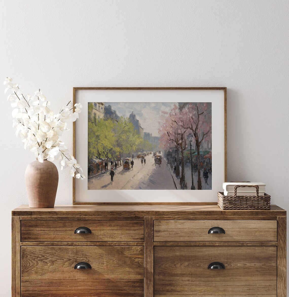 Vintage Spring Boulevard Horse Carriages Blossoming Trees Oil Painting Print - Image 2
