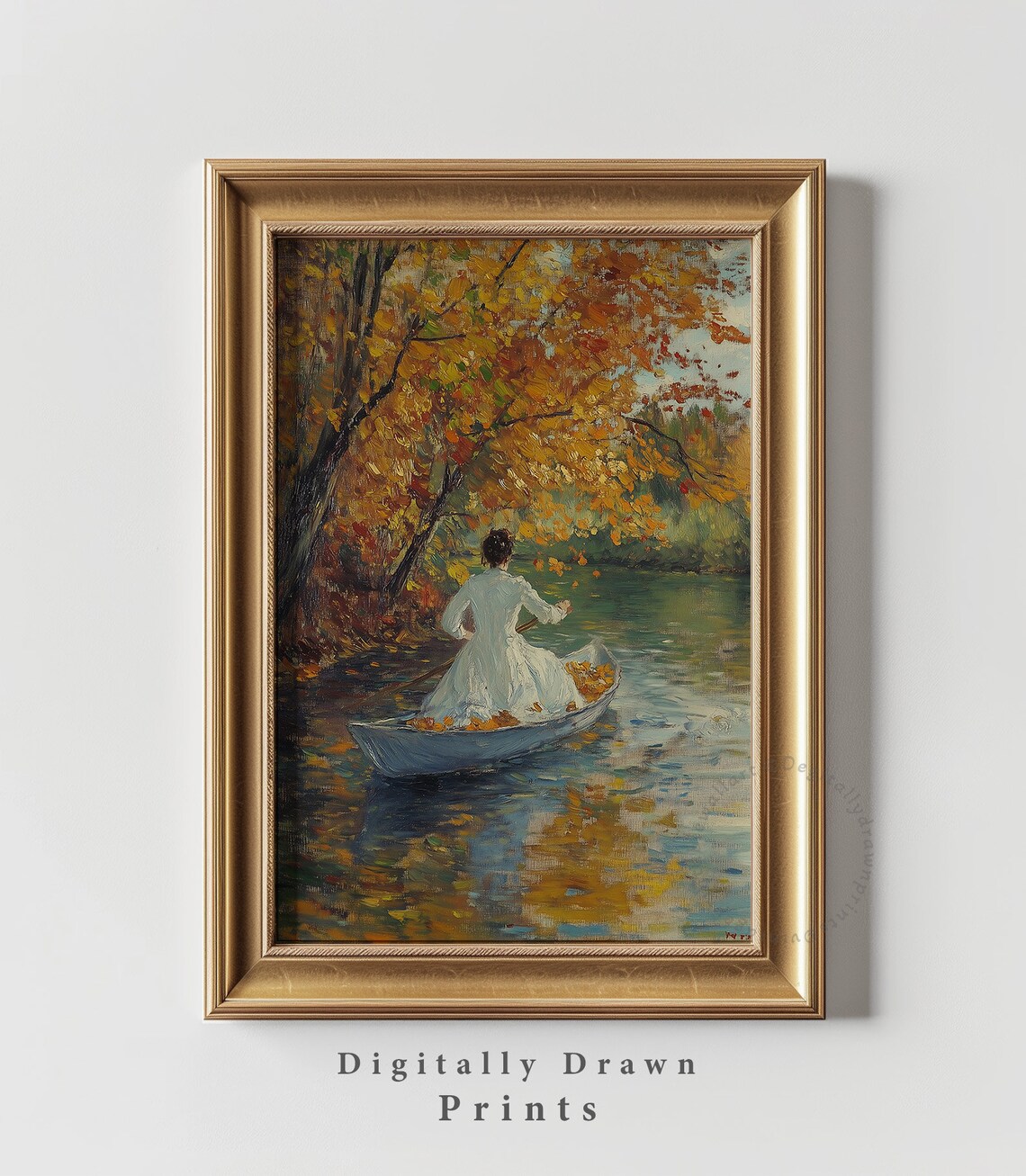 Vintage Autumn Woman in Boat Landscape Art Print - Image 5