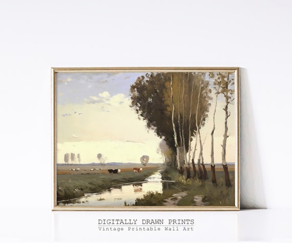 Vintage Landscape Painting Farmhouse Painting Aesthetic Rustic Country Print