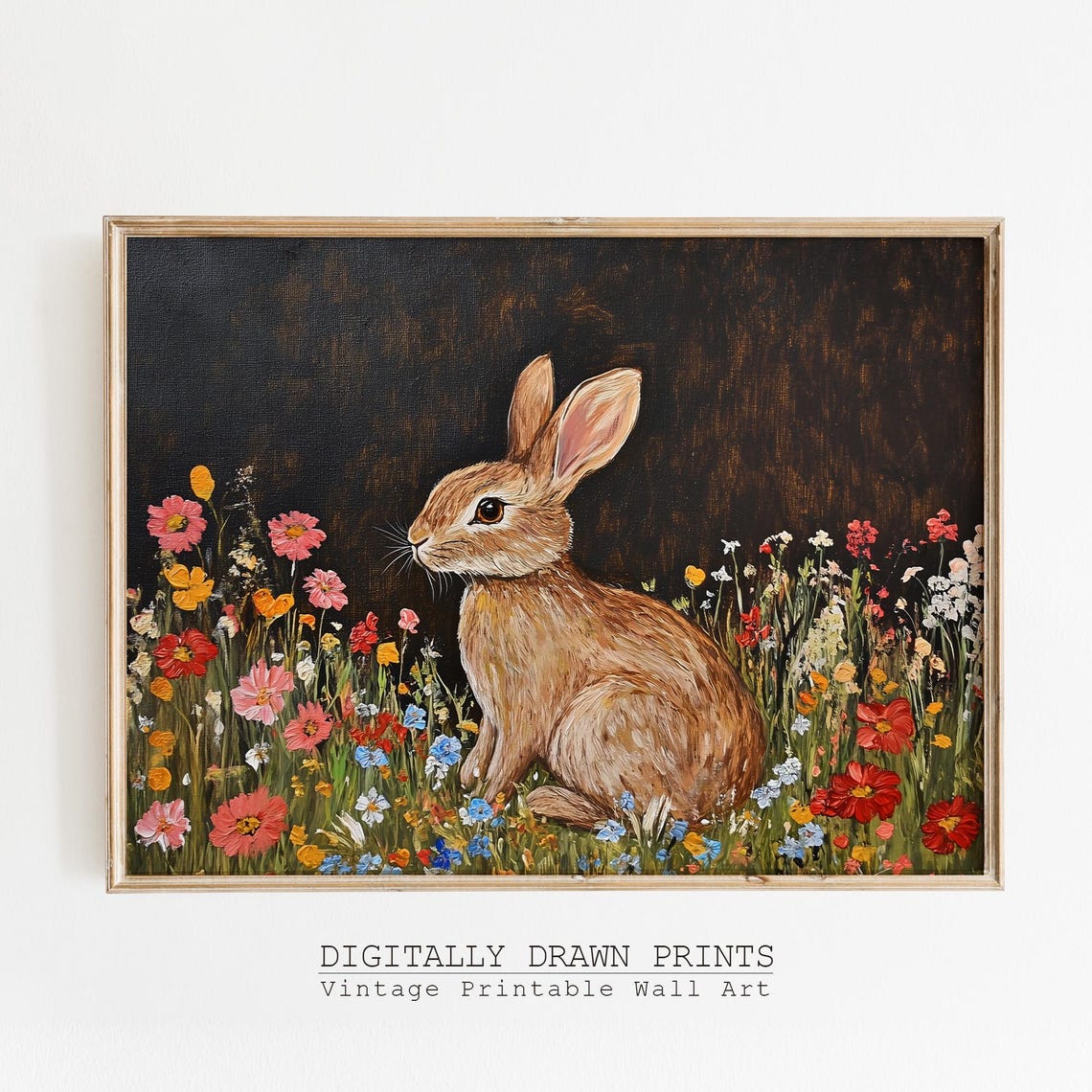 Vintage Bunny In Wildflowers Dark Moody Rustic Floral Poster