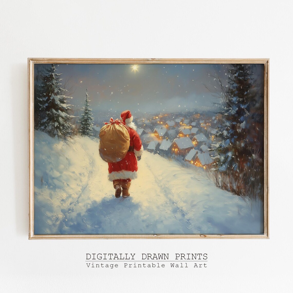 Santa Claus Walking To Snowy Village Night Vintage Christmas Gift Poster