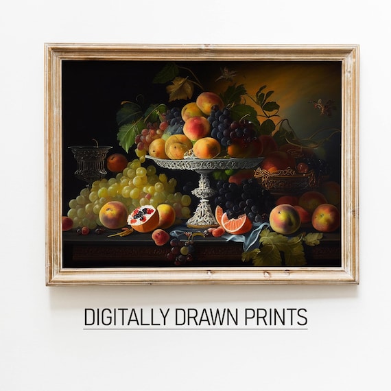 Country Kitchen Print Vintage Painting Fruits Still Life Dark Academia Art