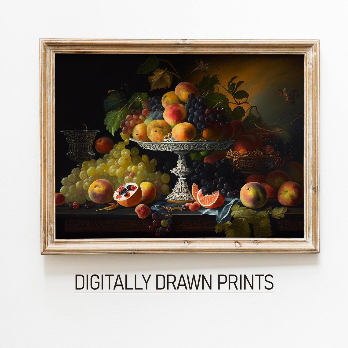 Dark Old Master Fruit Still Life Peaches Grapes Compote Painting Print