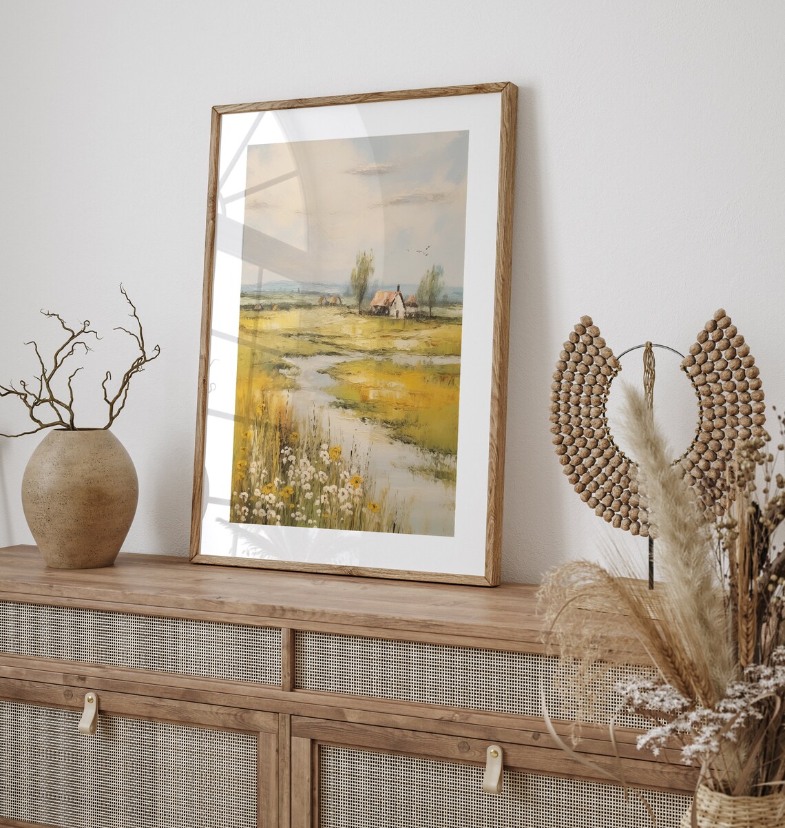 Country Cottage by Winding Stream Golden Meadow Landscape Print - Image 2