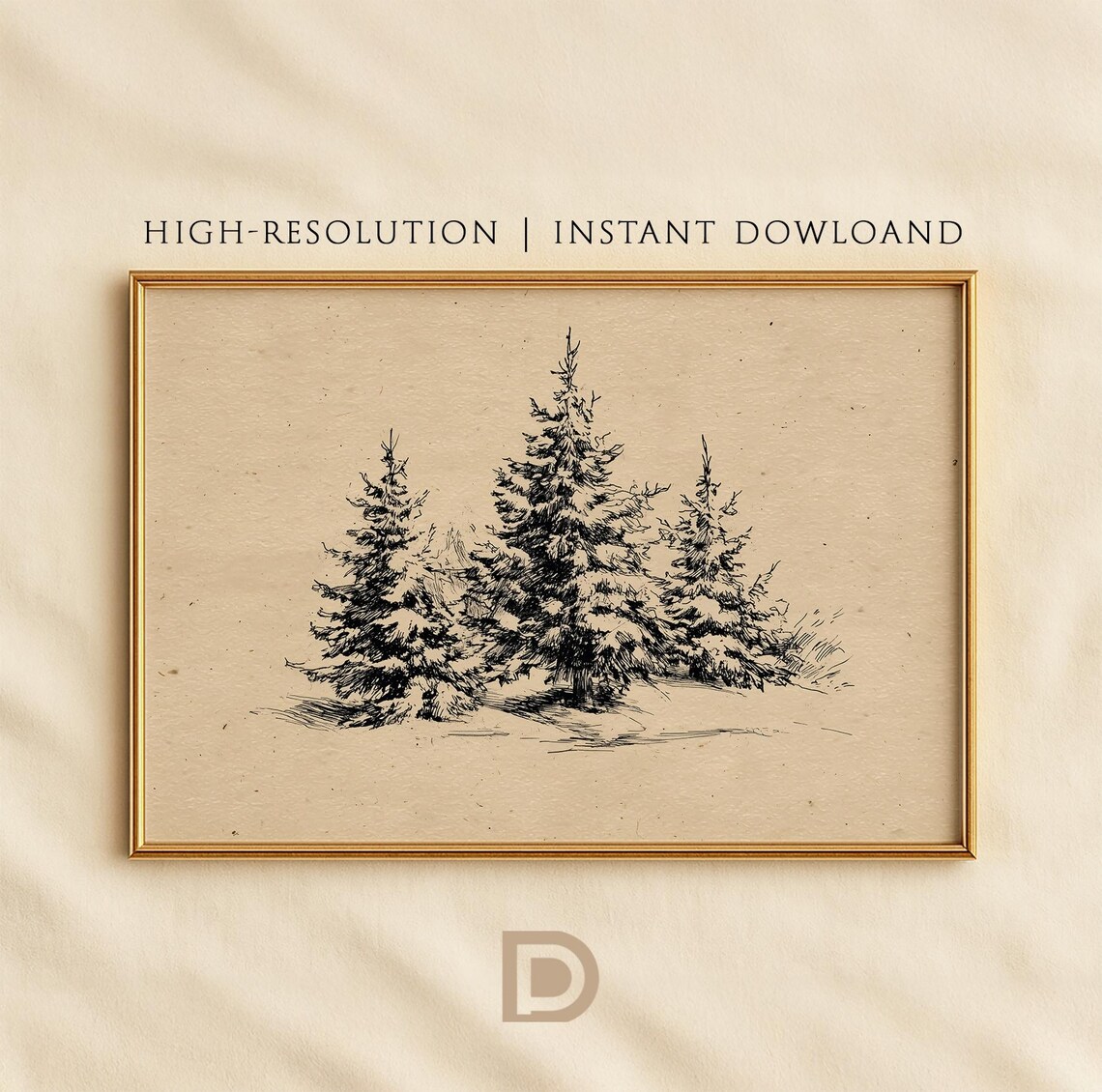 Neutral Christmas Trees Sketch Wall Art Print
