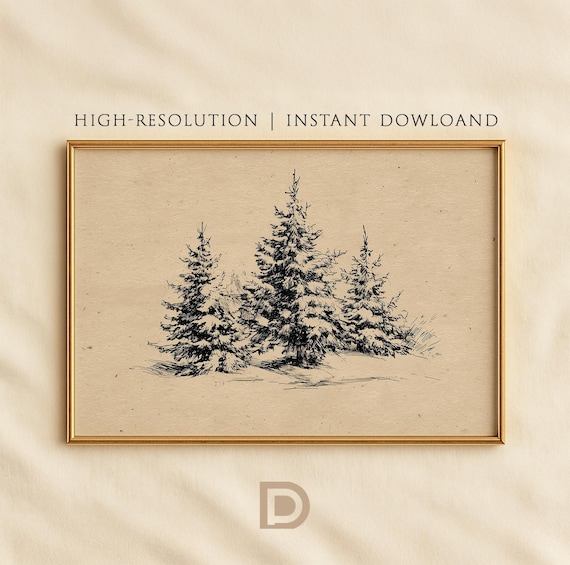 Neutral Christmas Trees Sketch Wall Art Print