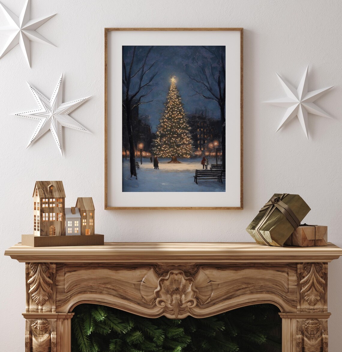 Lit Christmas Tree Snowy Park Night Benches Warm Lamps Poster - Image 4