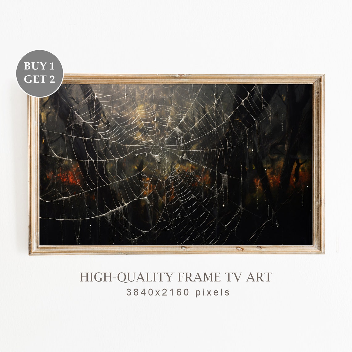 Glowing Spider Web In Dark Forest Moody Halloween Spooky Night Poster