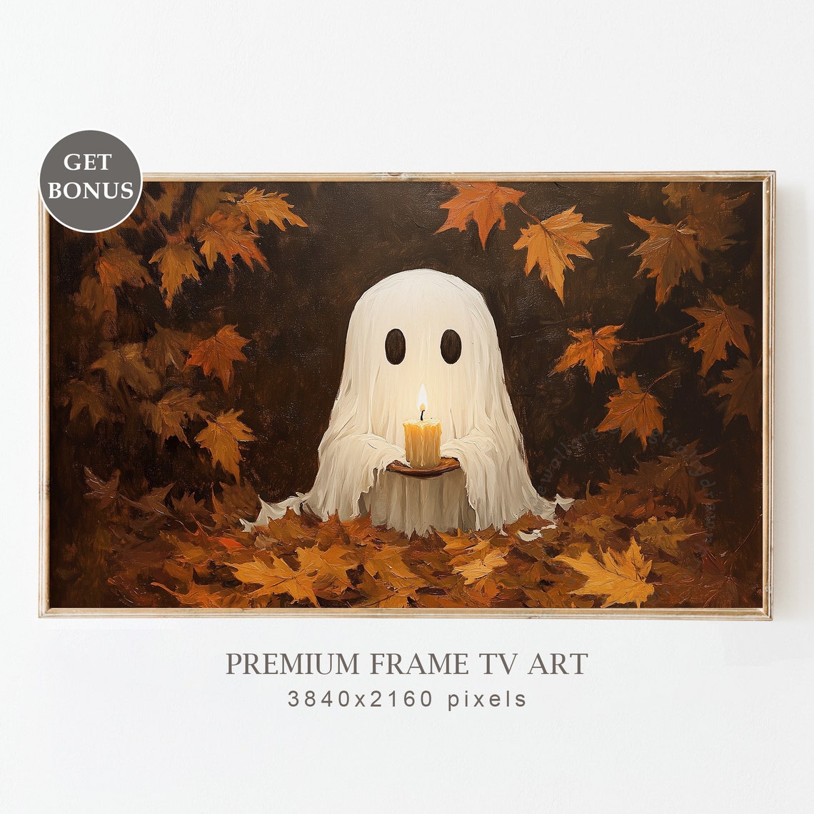 Cute Ghost Candle Autumn Leaves Spooky Halloween Fall Poster