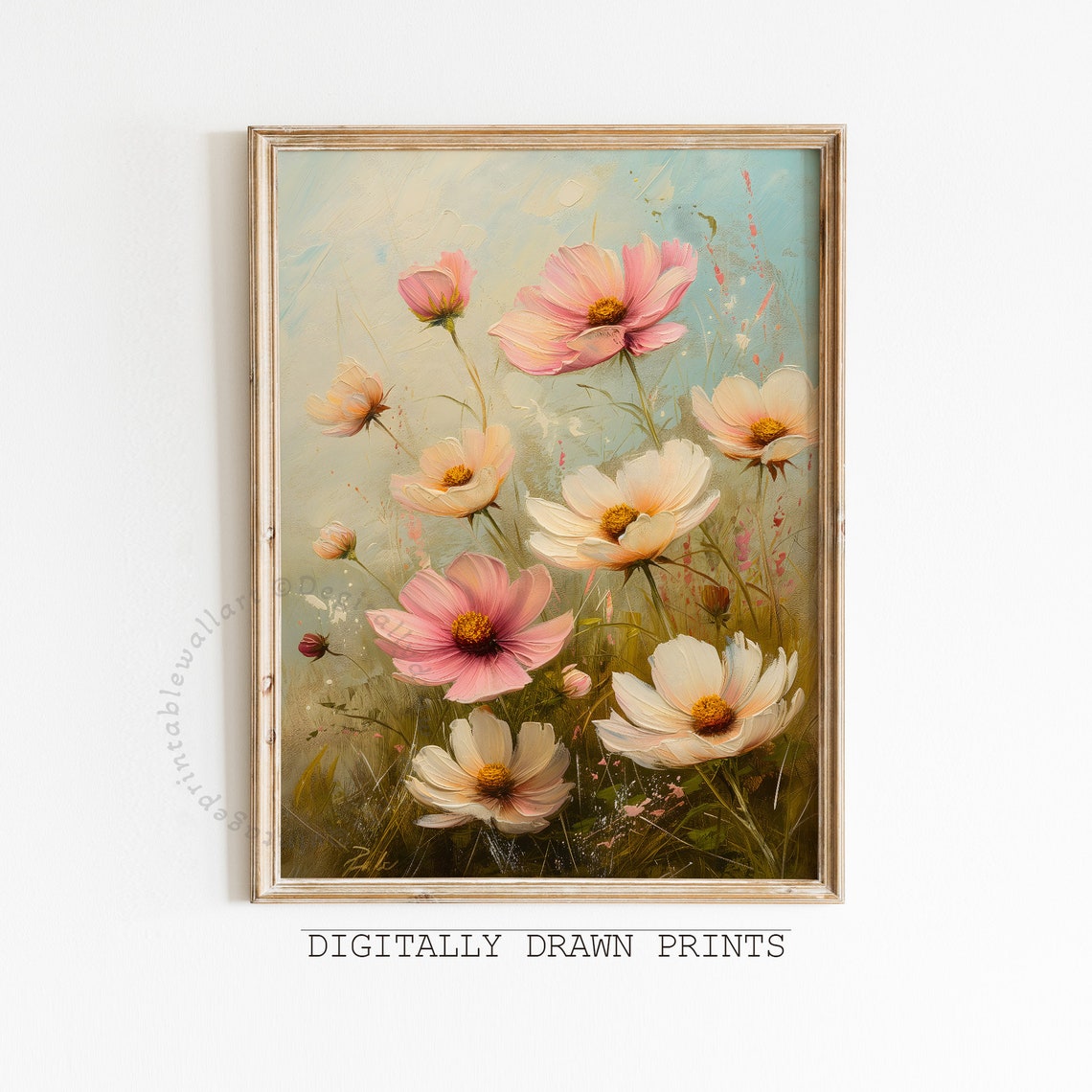 Pink White Cosmos Flowers Soft Blue Vintage Botanical Oil Print