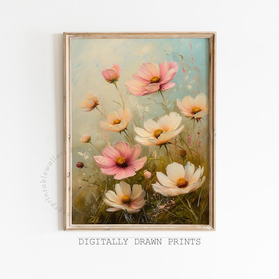 Pink White Cosmos Flowers Soft Blue Vintage Botanical Oil Print