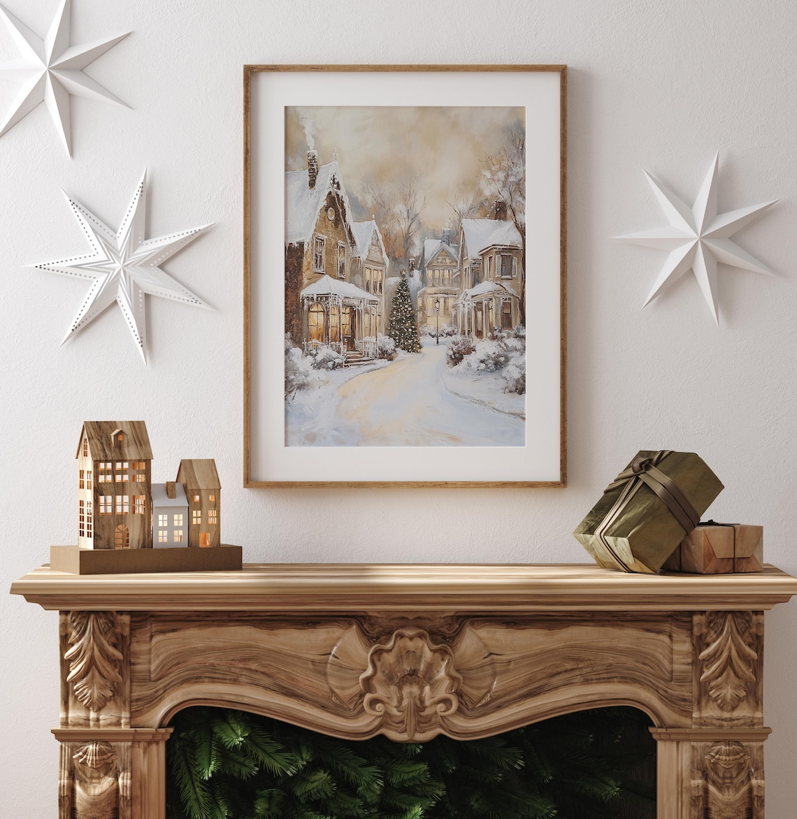 Winter Village Art Print, Neutral Farmhouse Holiday Decor - Image 4