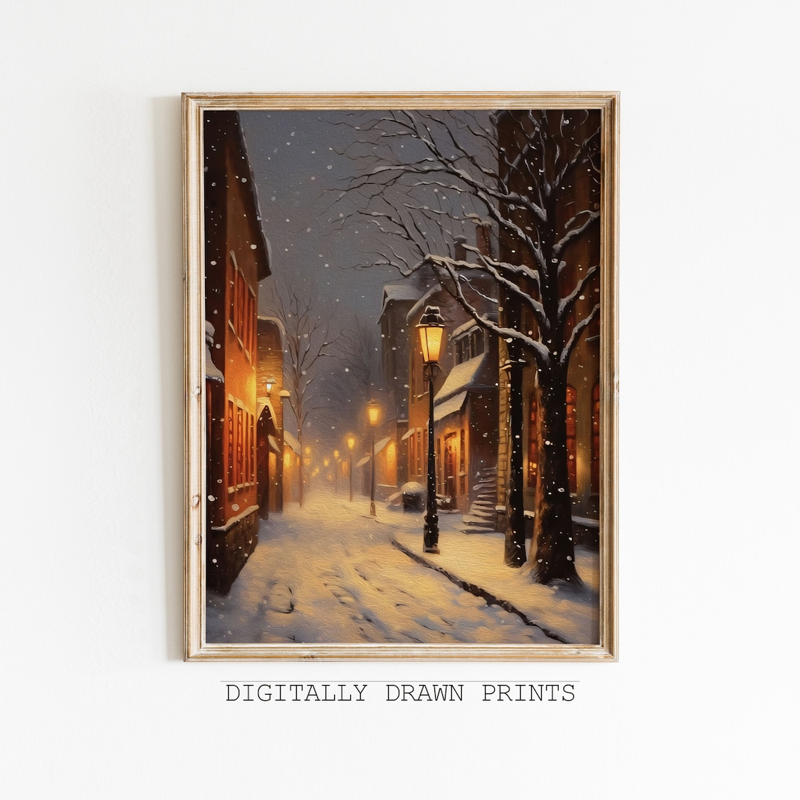 Snowy Night Street With Glowing Lampposts Winter City Snow Wall Art