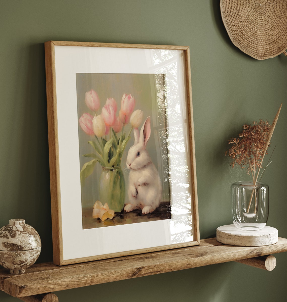 White Bunny Pastel Tulips Glass Vase Ribbon Vintage Spring Oil Print - Image 3