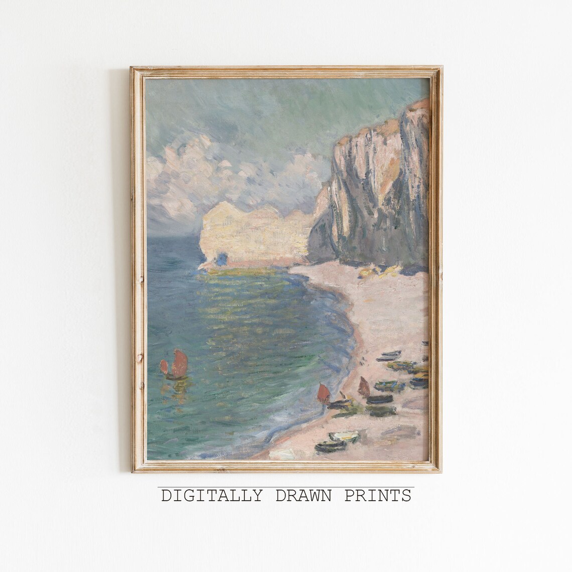 Seaside Beach Vintage Oil Painting, Coastal Art Print