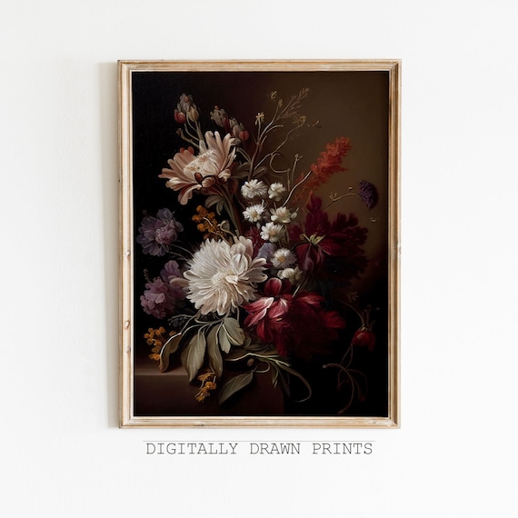 White Roses Botanical Art Print, Dark Academia