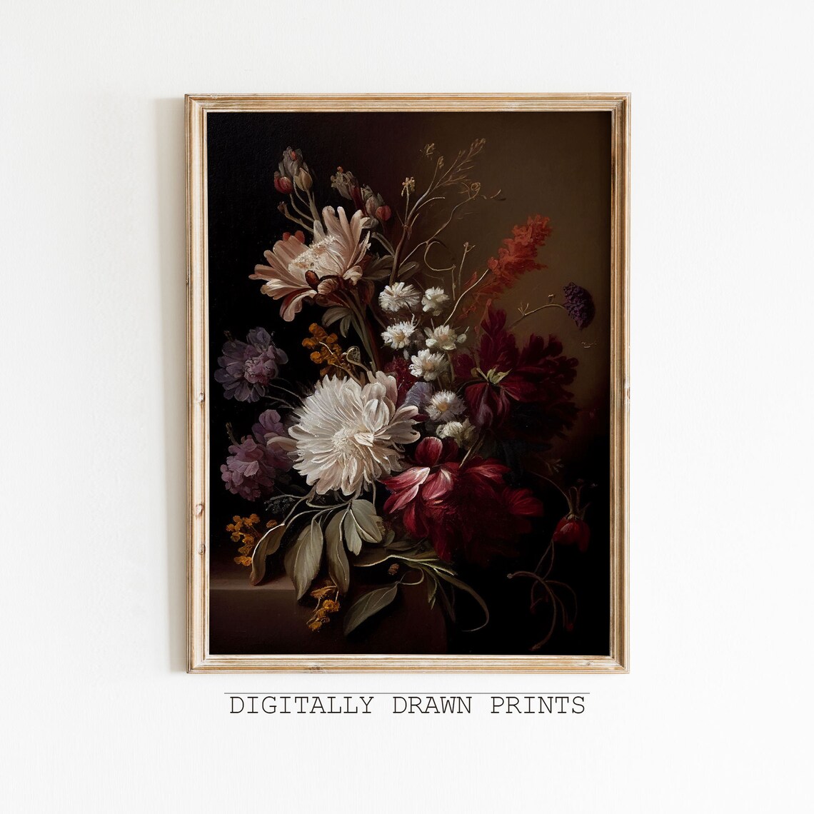 White Roses Botanical Art Print, Dark Academia
