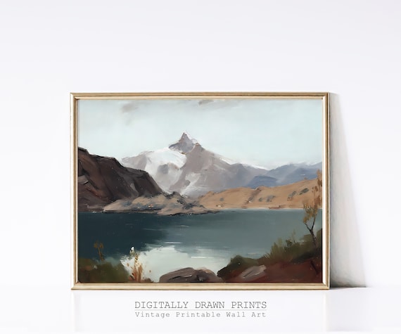 Vintage Lake Landscape Painting Muted Mountain Painting Antique Neutral Watercolor Aesthetic Rustic Country Print