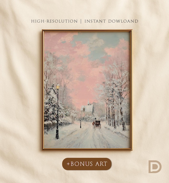 Pink Christmas Village Snowy Street Horse Carriage Winter Poster