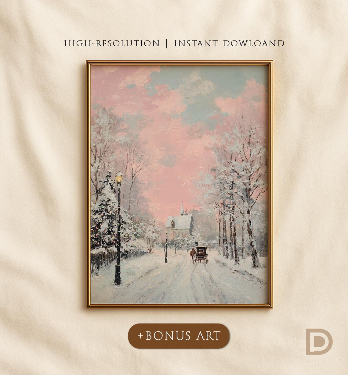 Pink Christmas Village Snowy Street Horse Carriage Winter Poster