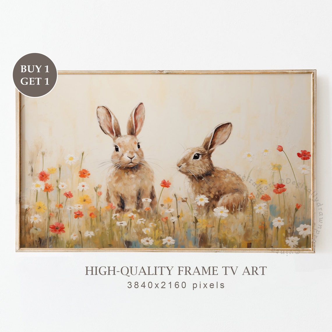 Two Bunnies in Red and White Wildflower Field Easter Art Print