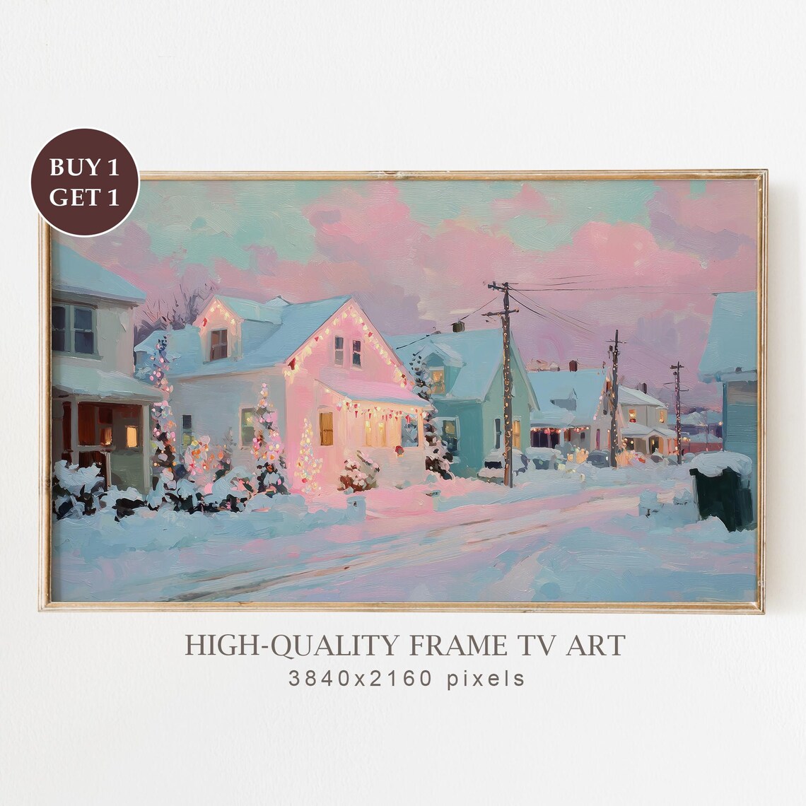 Snowy Christmas Village Street Pastel Oil Painting Winter Night Poster