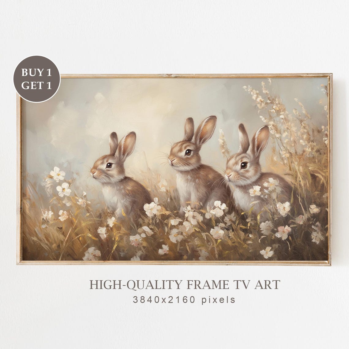 Three Bunnies In Wildflower Meadow Easter Frame TV Art Poster