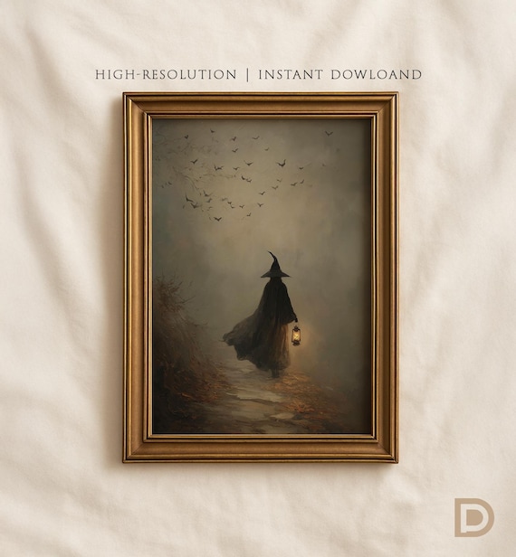 Moody Halloween Witch Wall Art Dark Academia Fall Print Vintage Painting For Home Decor