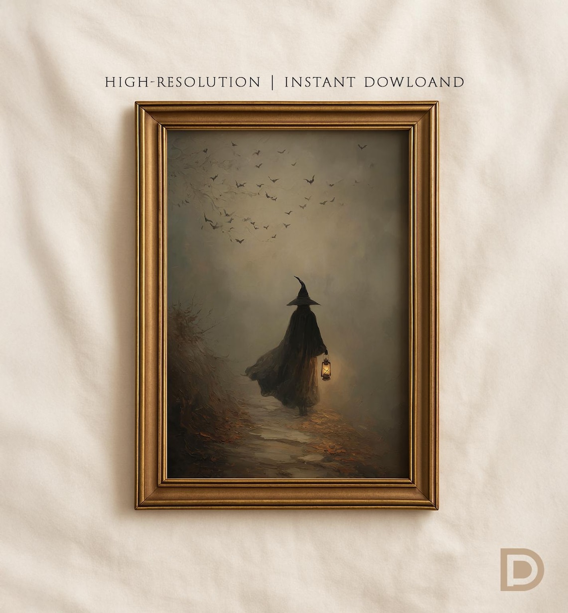 Moody Halloween Witch Wall Art Dark Academia Fall Print Vintage Painting For Home Decor