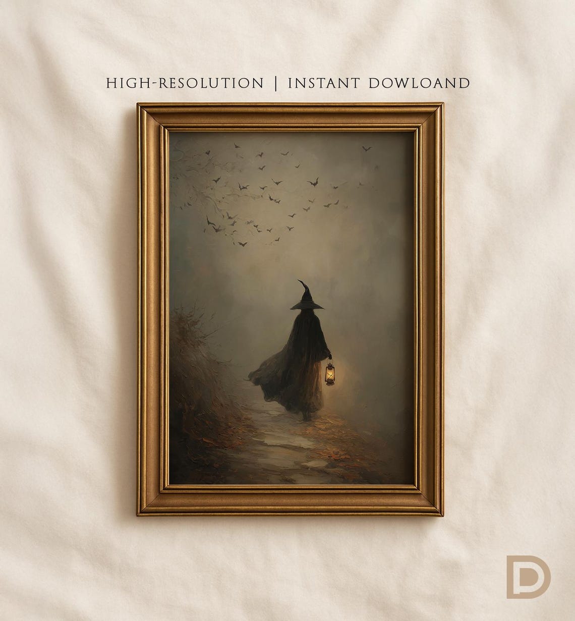 Witch With Lantern Misty Path Crows Dark Moody Oil Painting Poster