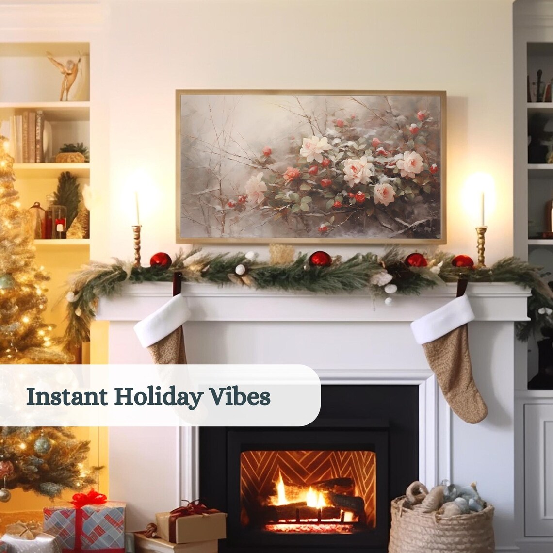 Neutral Christmas TV Frame Art, Vintage Holiday Decor - Image 3