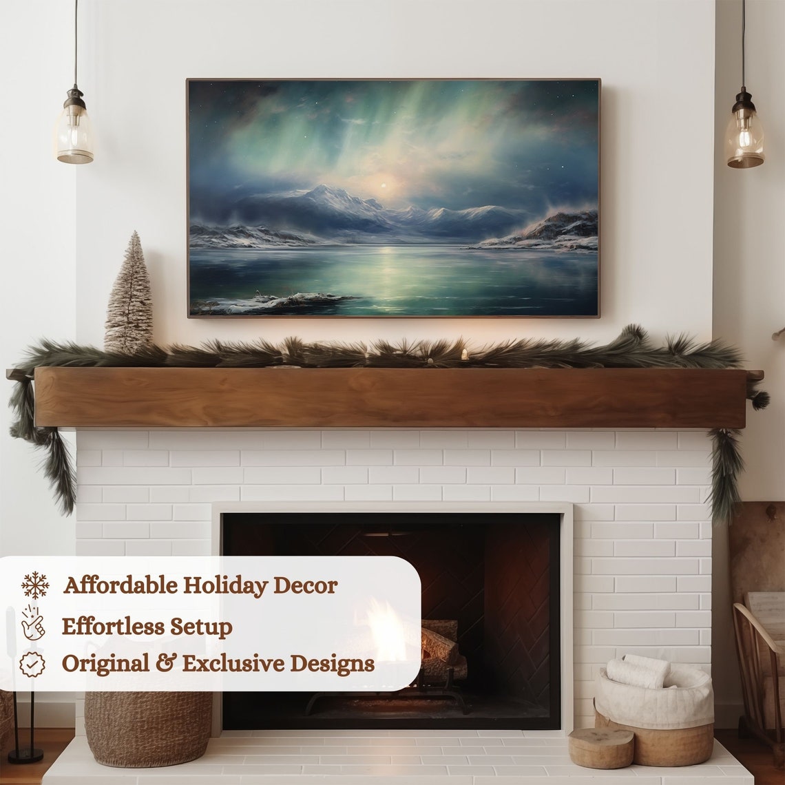 Winter Frame Tv Art Northern Lights Oil Painting Scandinavian Christmas Decor Farmhouse Christmas Moody Christmas Painting For Tv - Image 3
