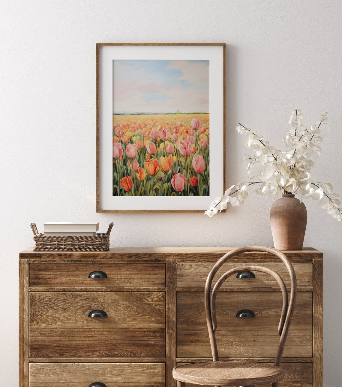 Pink and Orange Tulip Field Under Pastel Sky Spring Art Print - Image 4