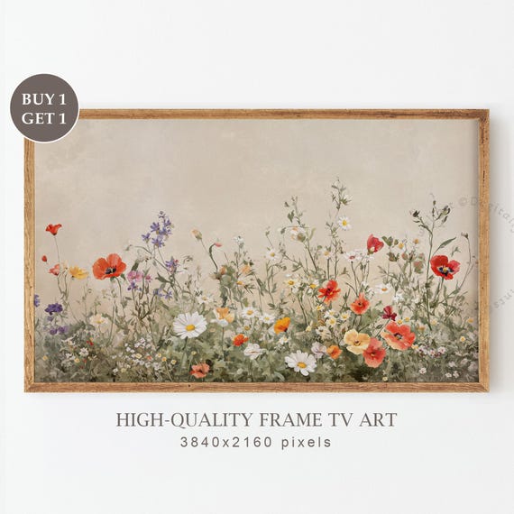 Neutral Frame Tv Spring Art Wildflowers Landscape Field Muted Painting For Easter Flowers Wall