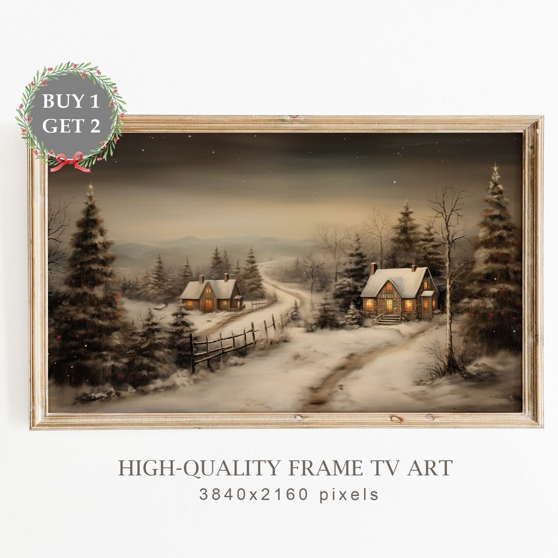 Moody Christmas Scandinavian Vintage Town Art Print