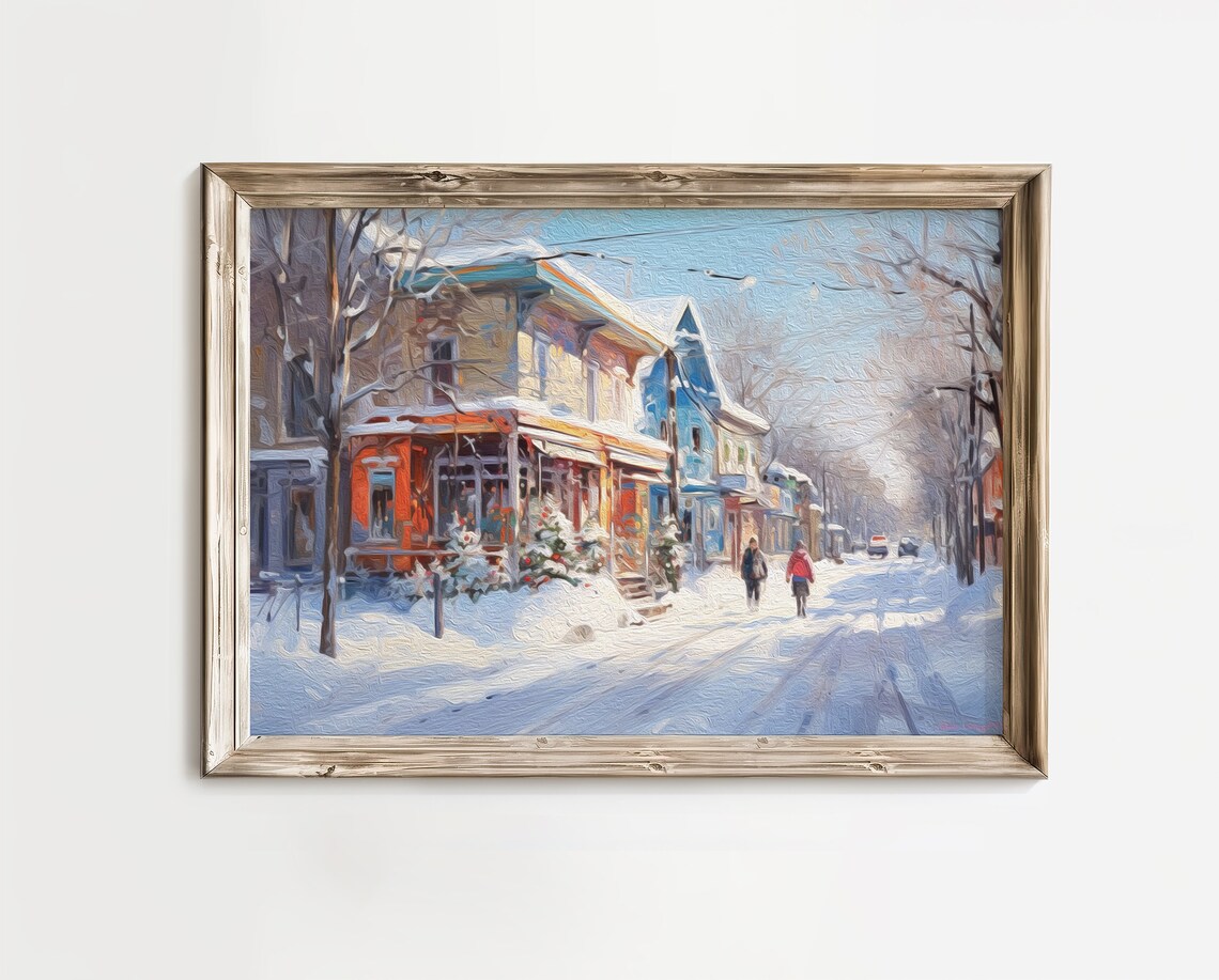 Snowy Winter Town Street Colorful Houses Holiday Oil Painting Wall Art - Image 3