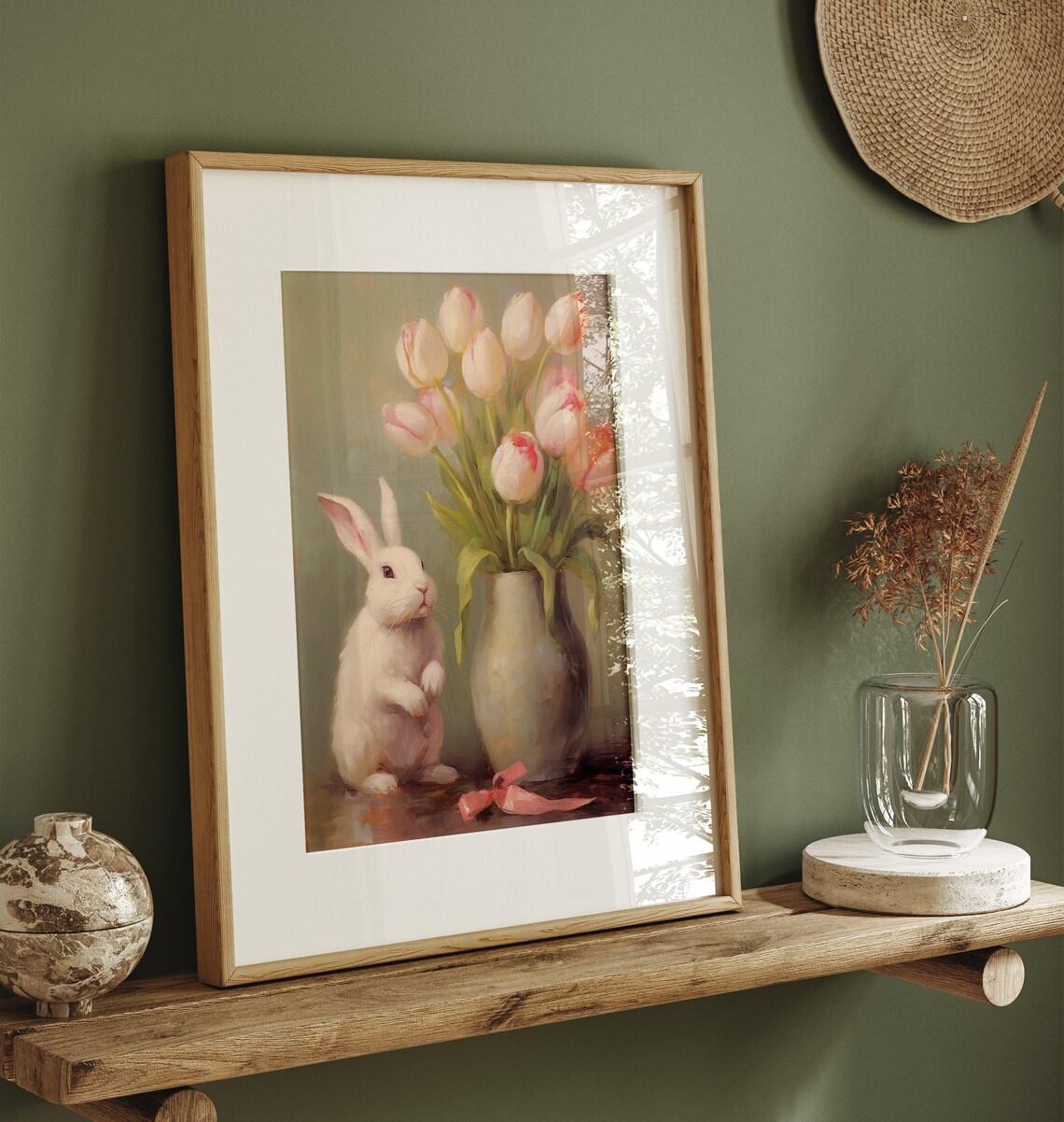 White Bunny Pink Tulips Vase Still Life Vintage Easter Oil Print - Image 4