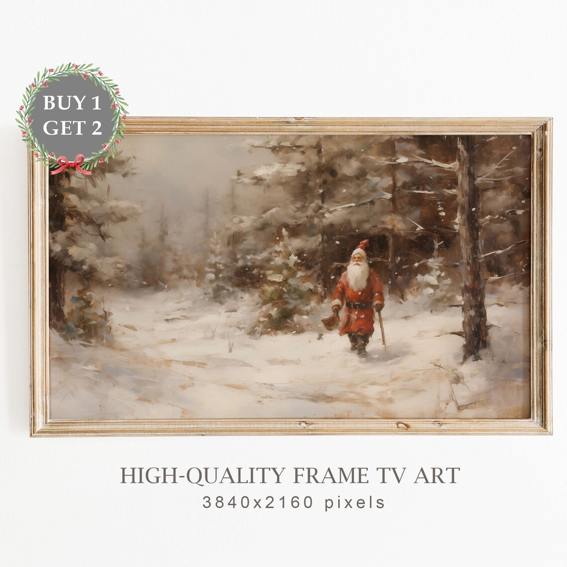 Vintage Christmas Snowy Landscape With Santa Claus