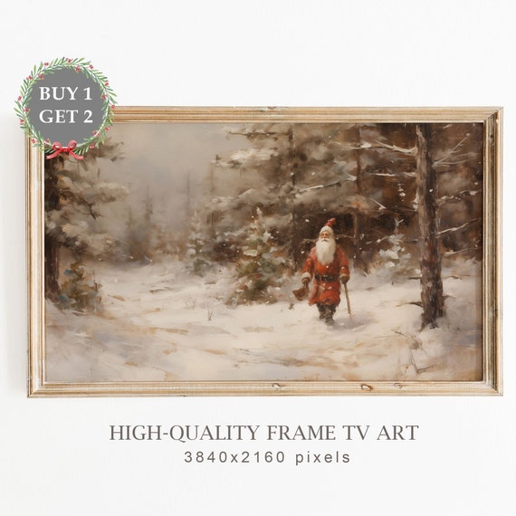Vintage Christmas Snowy Landscape With Santa Claus