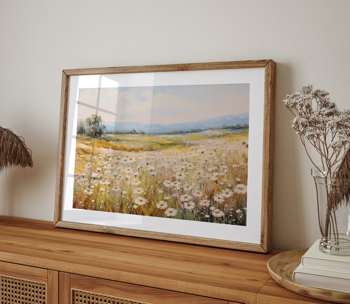 White Daisy Meadow Under Pastel Sky Rolling Hills Landscape Print - Image 4