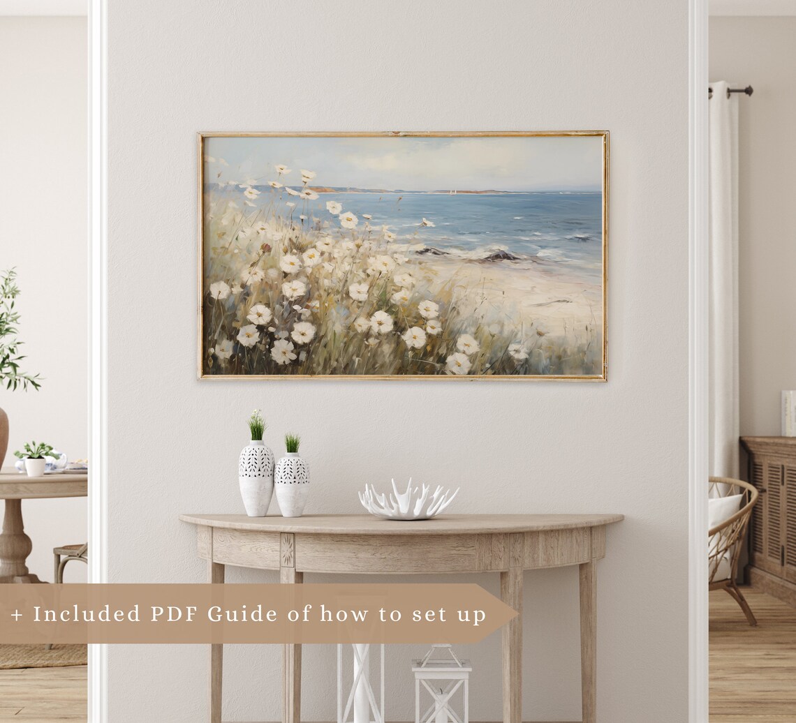 White Seaside Wildflowers Ocean Cliff Shore Neutral Vintage Scenery Poster - Image 3
