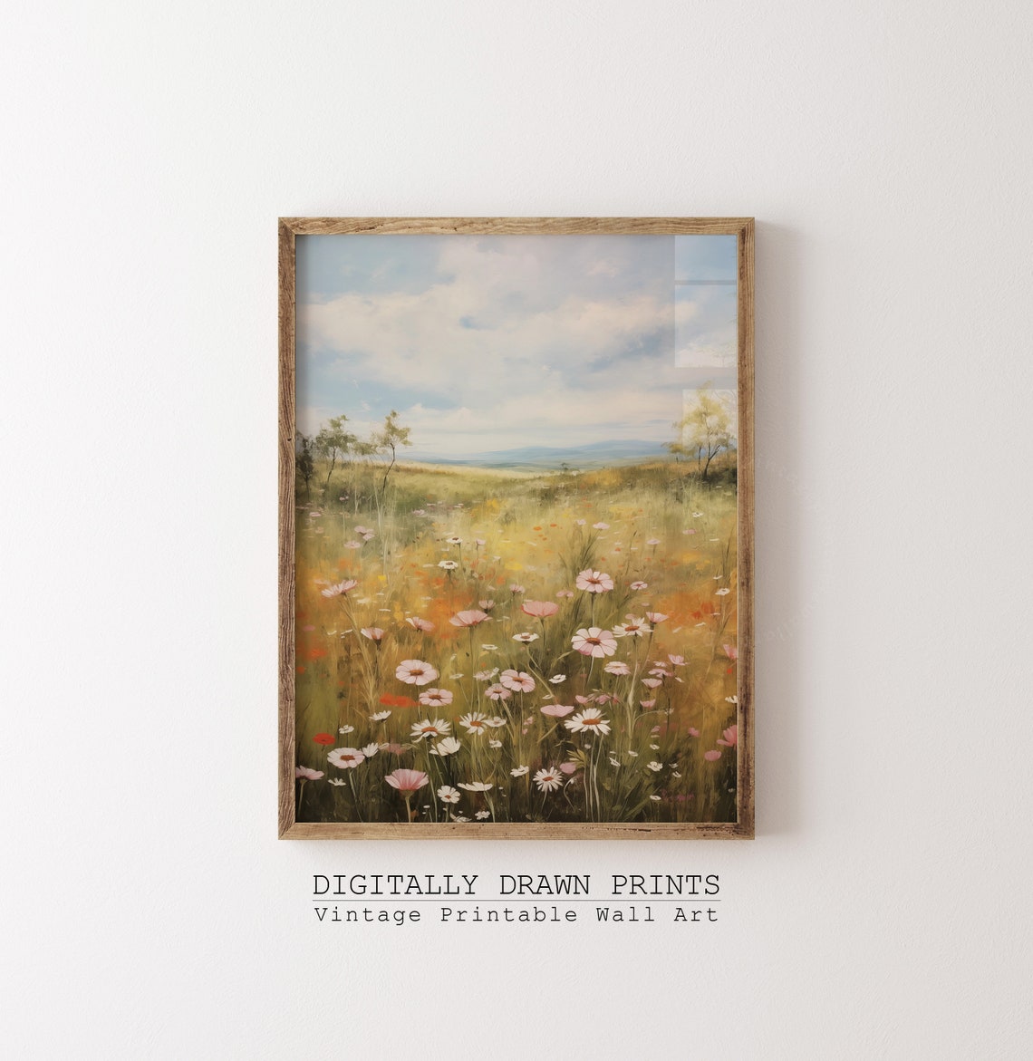 Pink White Cosmos Meadow Distant Hills Blue Sky Vintage Oil Print - Image 4