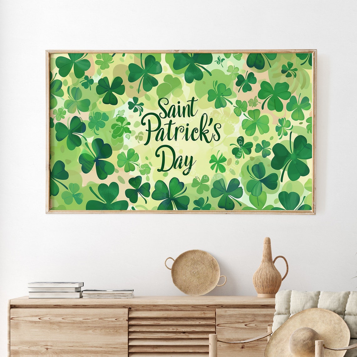 Saint Patricks Day Script Shamrock Pattern Green Festive TV Poster - Image 2